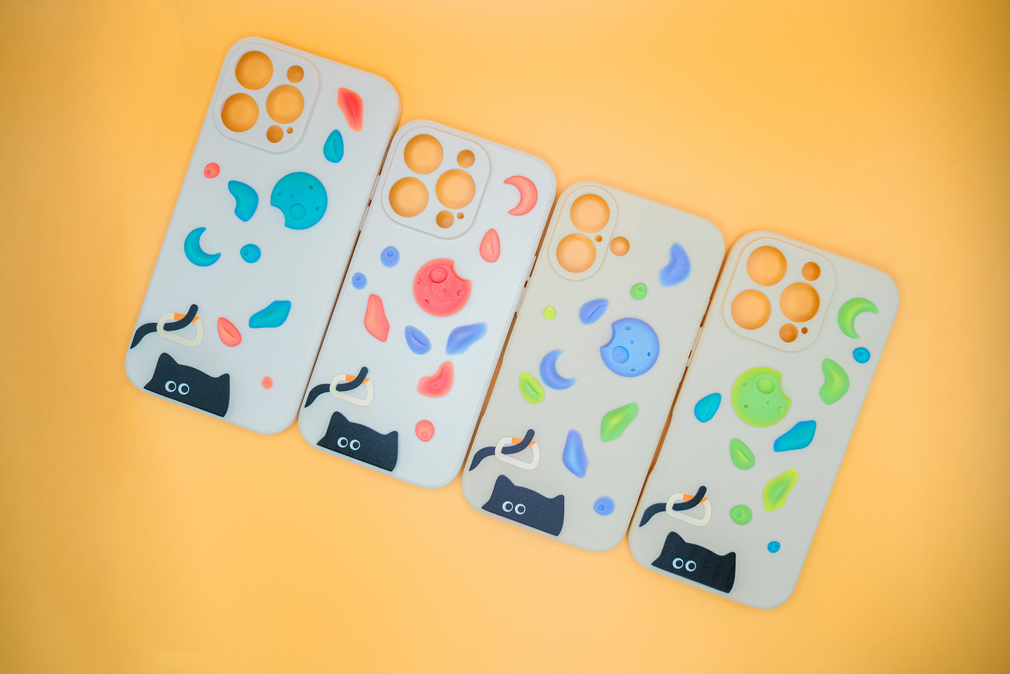 A black cat with a carabiner hanging from its tail, surrounded by colorful climbing holds – printed on a playful iPhone case. A fun gift for rock climbers and cat lovers.