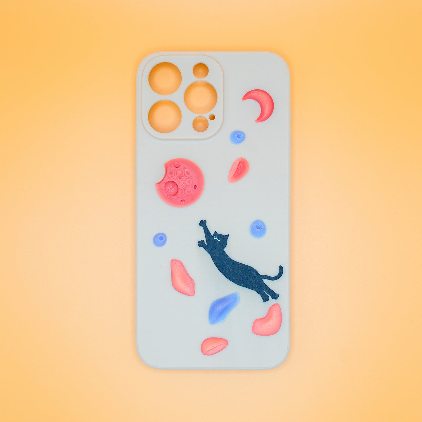 A black cat mid-dyno toward colorful climbing holds – printed on a fun and bold iPhone case. A great gift for climbers and cat lovers.