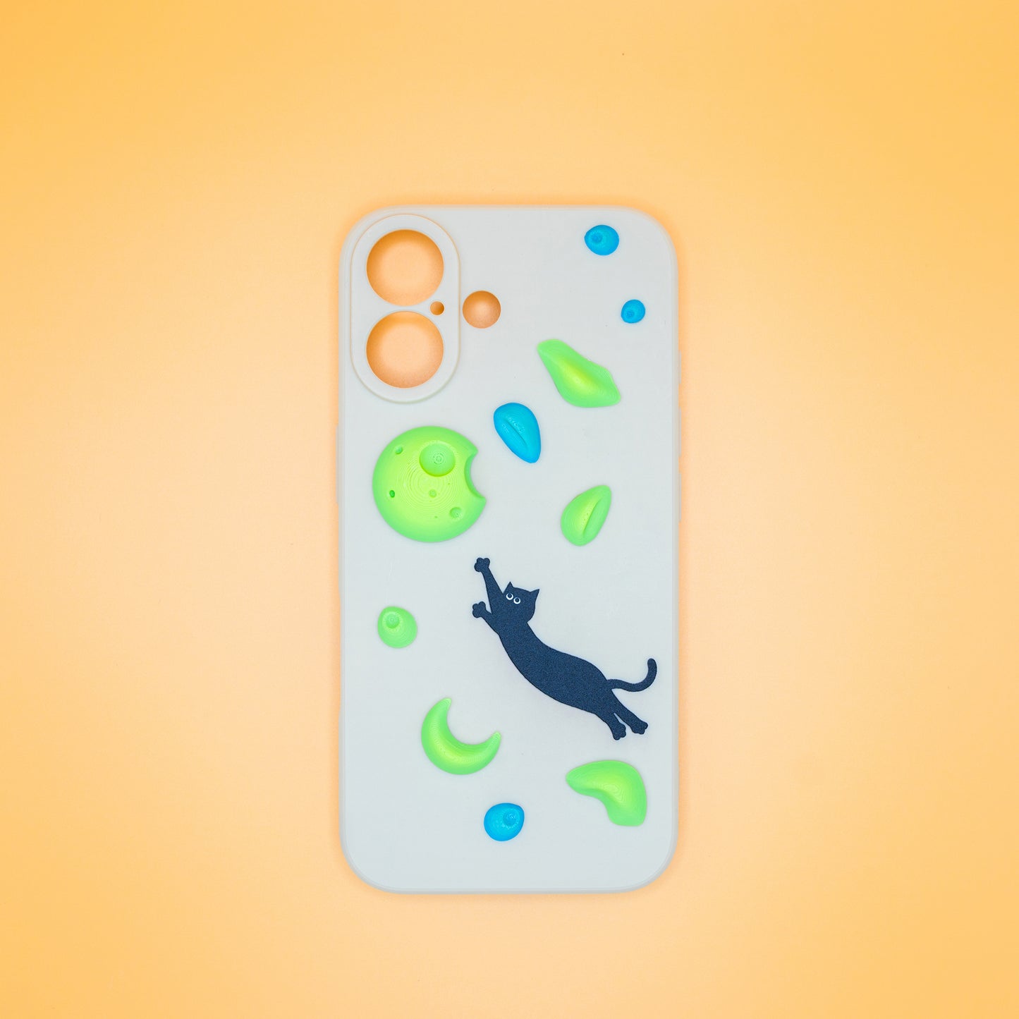 A black cat mid-dyno toward colorful climbing holds – printed on a fun and bold iPhone case. A great gift for climbers and cat lovers.