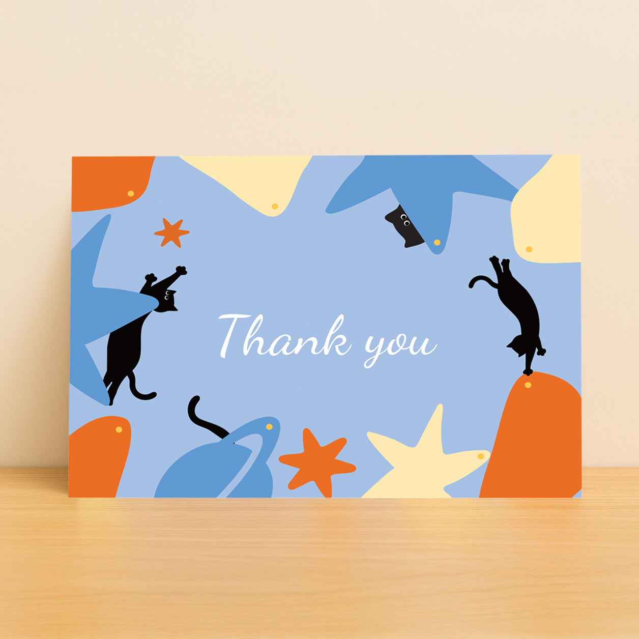 Black Cat drifting across a cosmic climbing wall made of glowing planets – a magical thank you card for dreamers, climbers, and cat lovers.
