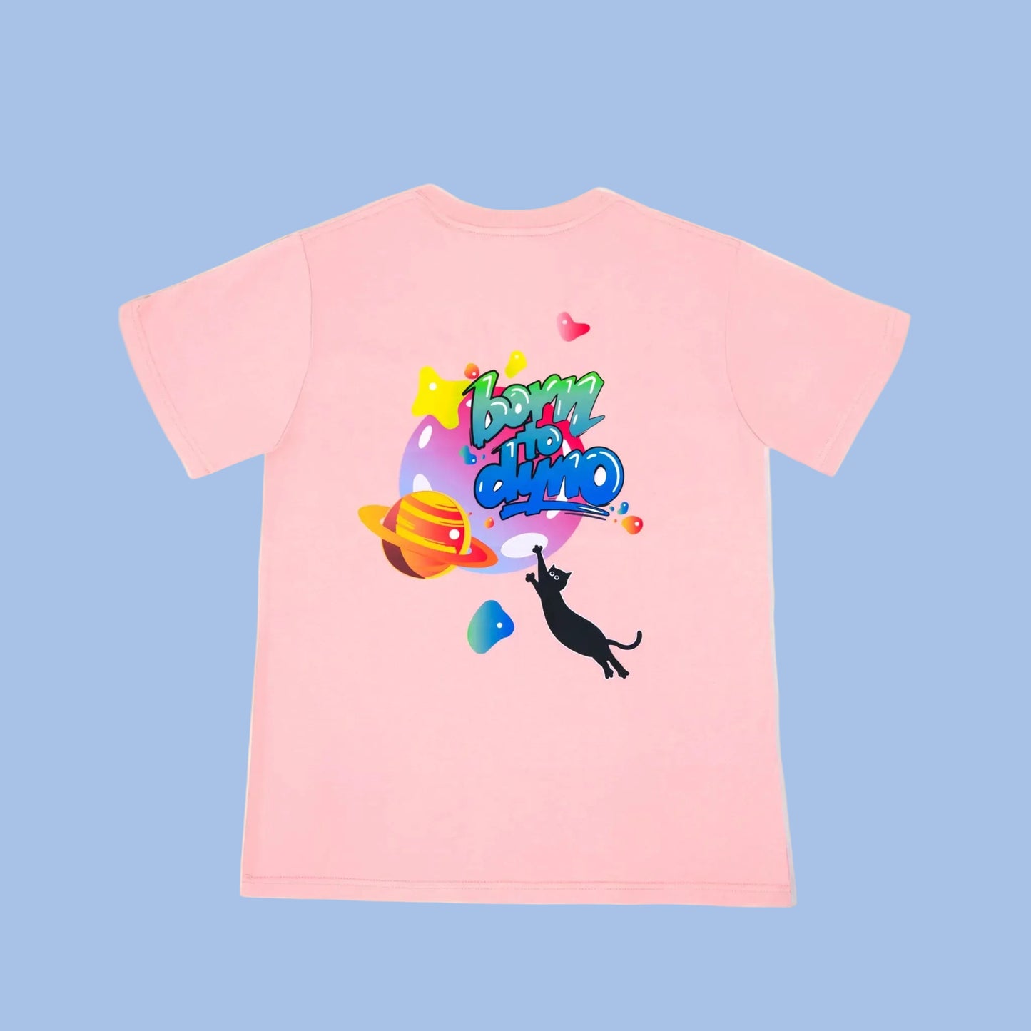Pink t-shirt with colorful graphics and text Born to Dyno on a white background