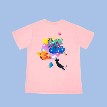 Pink t-shirt with colorful graphics and text Born to Dyno on a white background