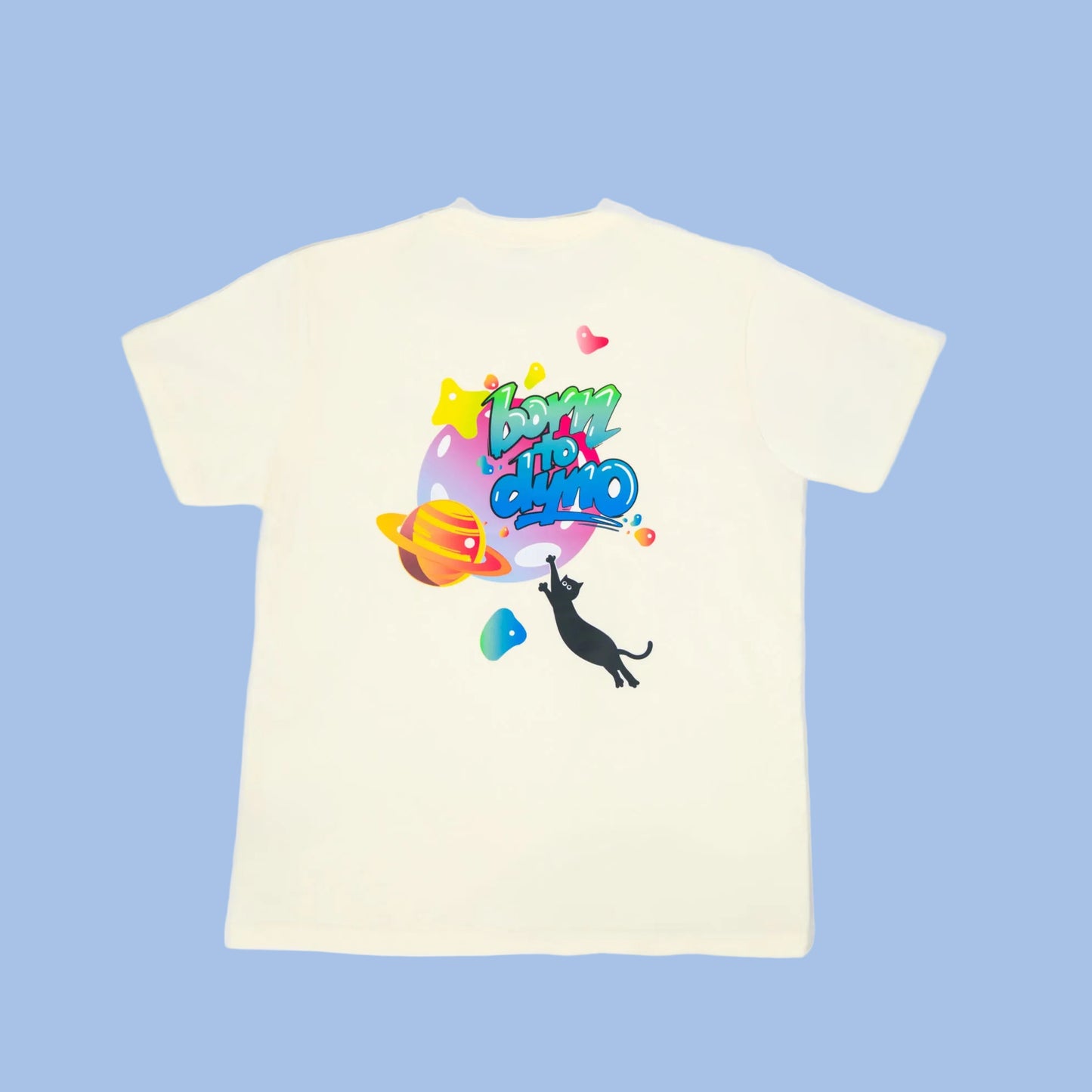 Beige t-shirt with colorful graphic design on a white background