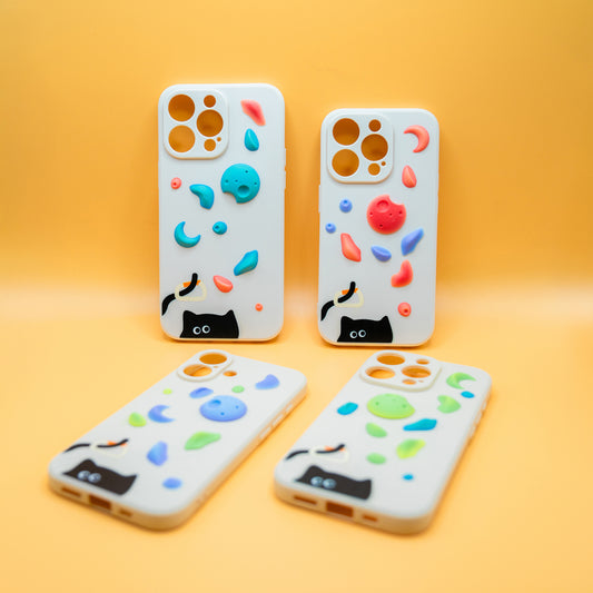 A black cat with a carabiner hanging from its tail, surrounded by colorful climbing holds – printed on a playful iPhone case. A fun gift for rock climbers and cat lovers.