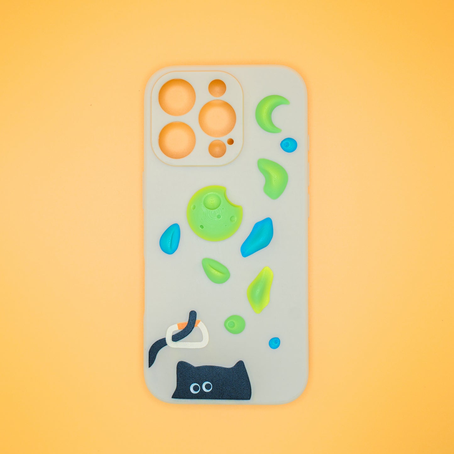 A black cat with a carabiner hanging from its tail, surrounded by colorful climbing holds – printed on a playful iPhone case. A fun gift for rock climbers and cat lovers.