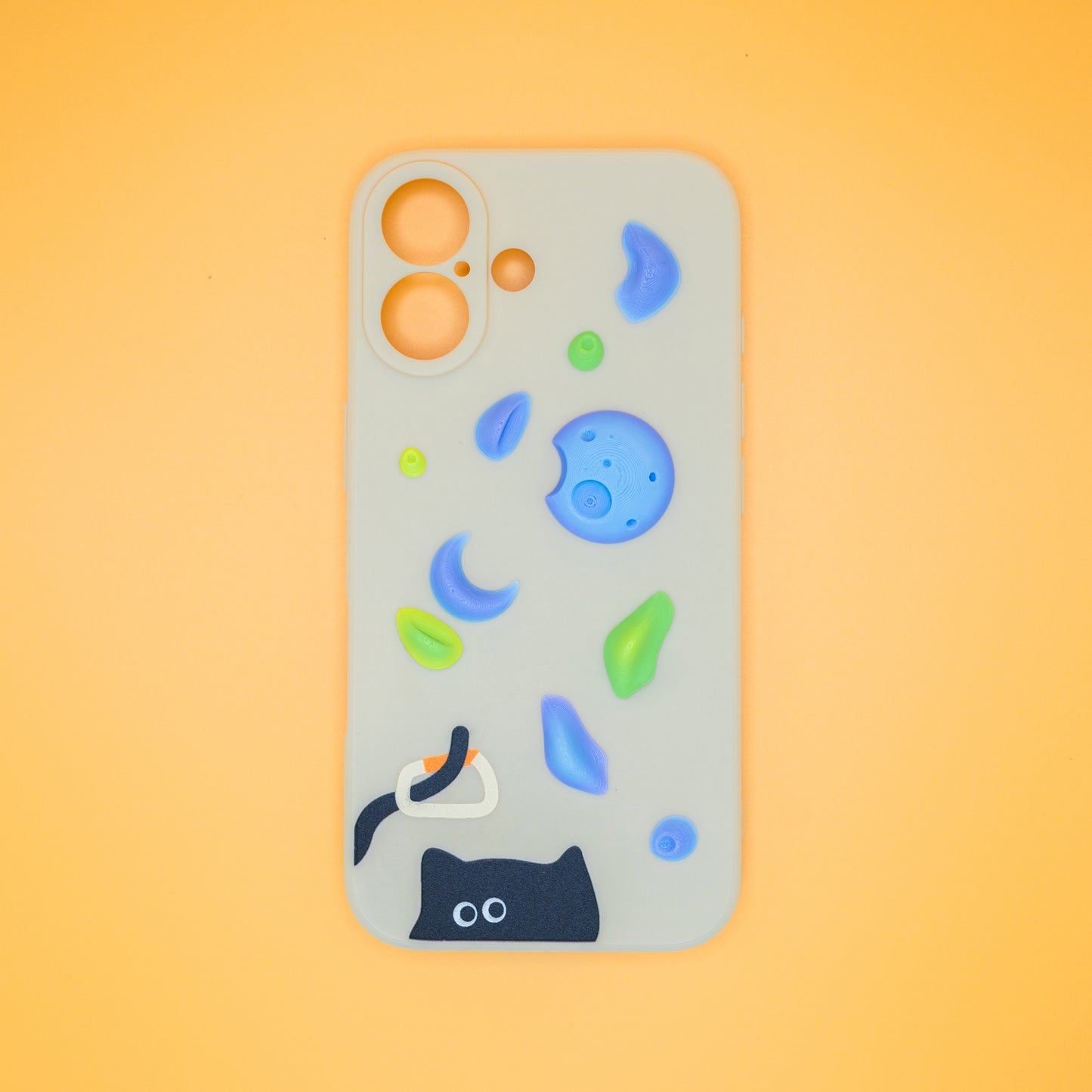 A black cat with a carabiner hanging from its tail, surrounded by colorful climbing holds – printed on a playful iPhone case. A fun gift for rock climbers and cat lovers.