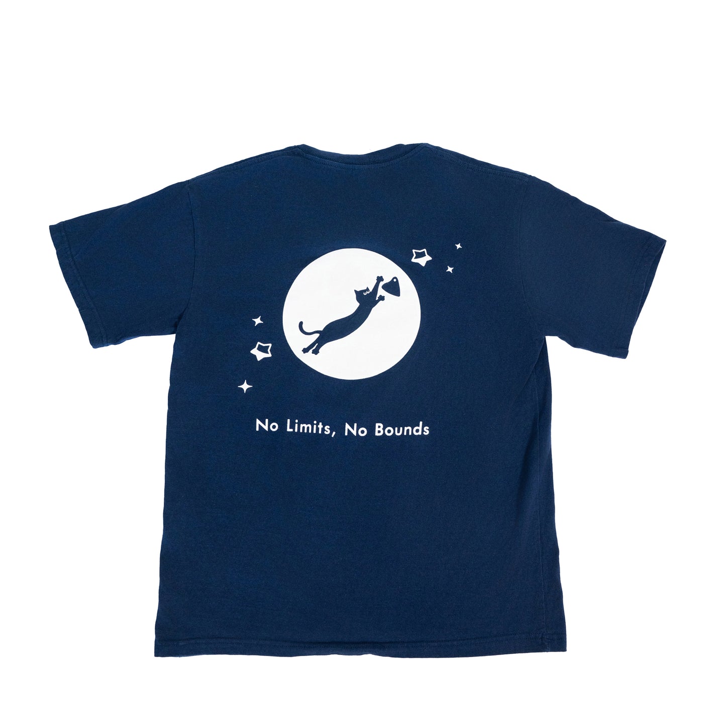 Cosmic Leap Cat T-Shirt featuring a black cat mid-leap across space – a climbing-inspired gift for dyno lovers and rock climbers.