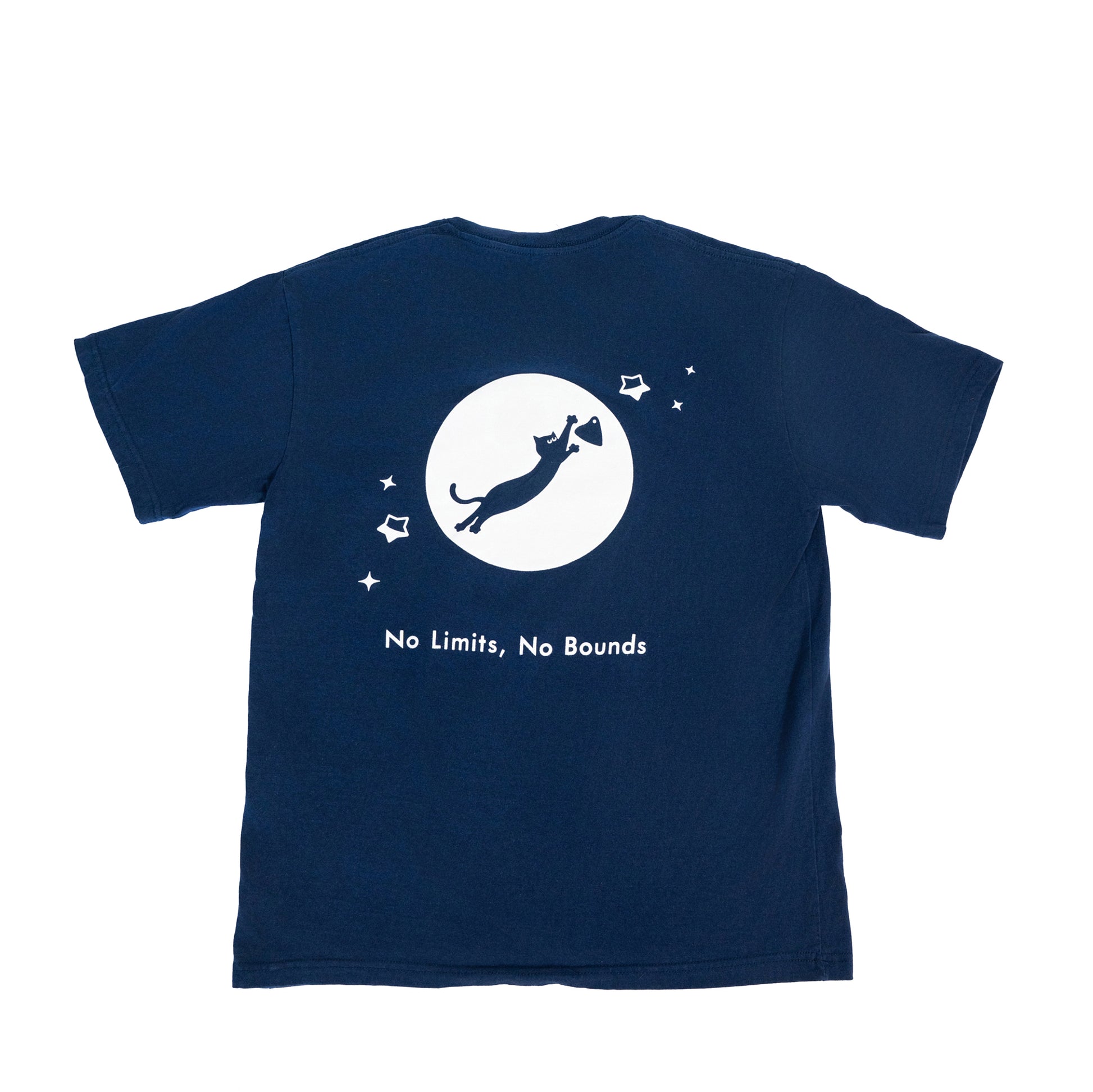 Cosmic Leap Cat T-Shirt featuring a black cat mid-leap across space – a climbing-inspired gift for dyno lovers and rock climbers.
