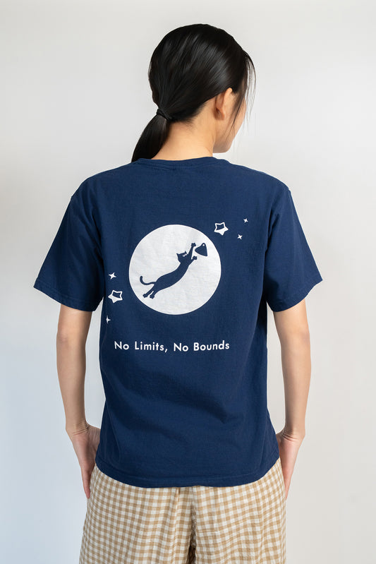 Cosmic Leap Cat T-Shirt featuring a black cat mid-leap across space – a climbing-inspired gift for dyno lovers and rock climbers.