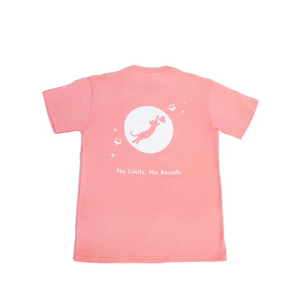 Cosmic Leap Cat T-Shirt featuring a black cat mid-leap across space – a climbing-inspired gift for dyno lovers and rock climbers.