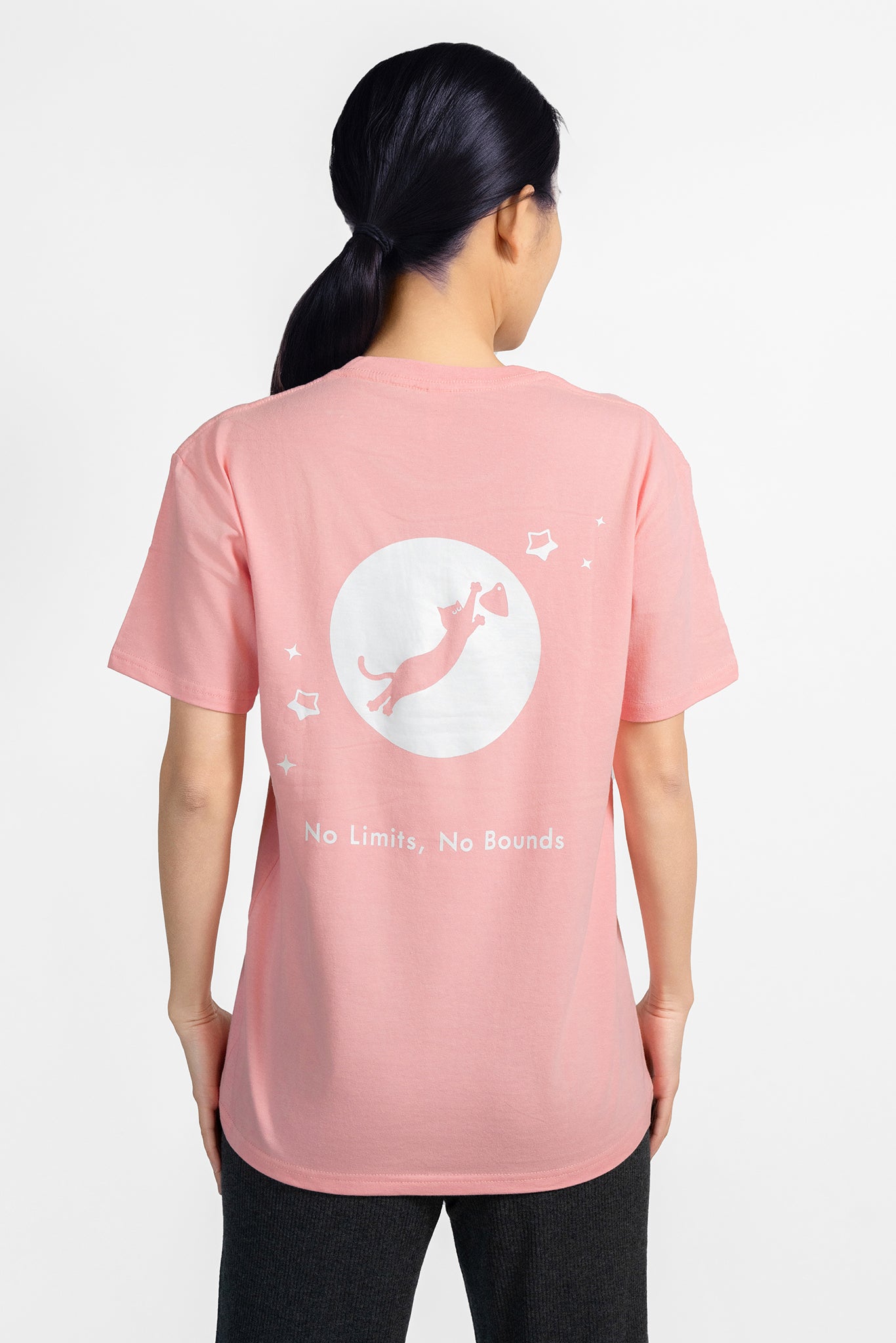 Cosmic Leap Cat T-Shirt featuring a black cat mid-leap across space – a climbing-inspired gift for dyno lovers and rock climbers.