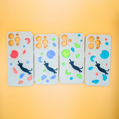 A black cat mid-dyno toward colorful climbing holds – printed on a fun and bold iPhone case. A great gift for climbers and cat lovers.