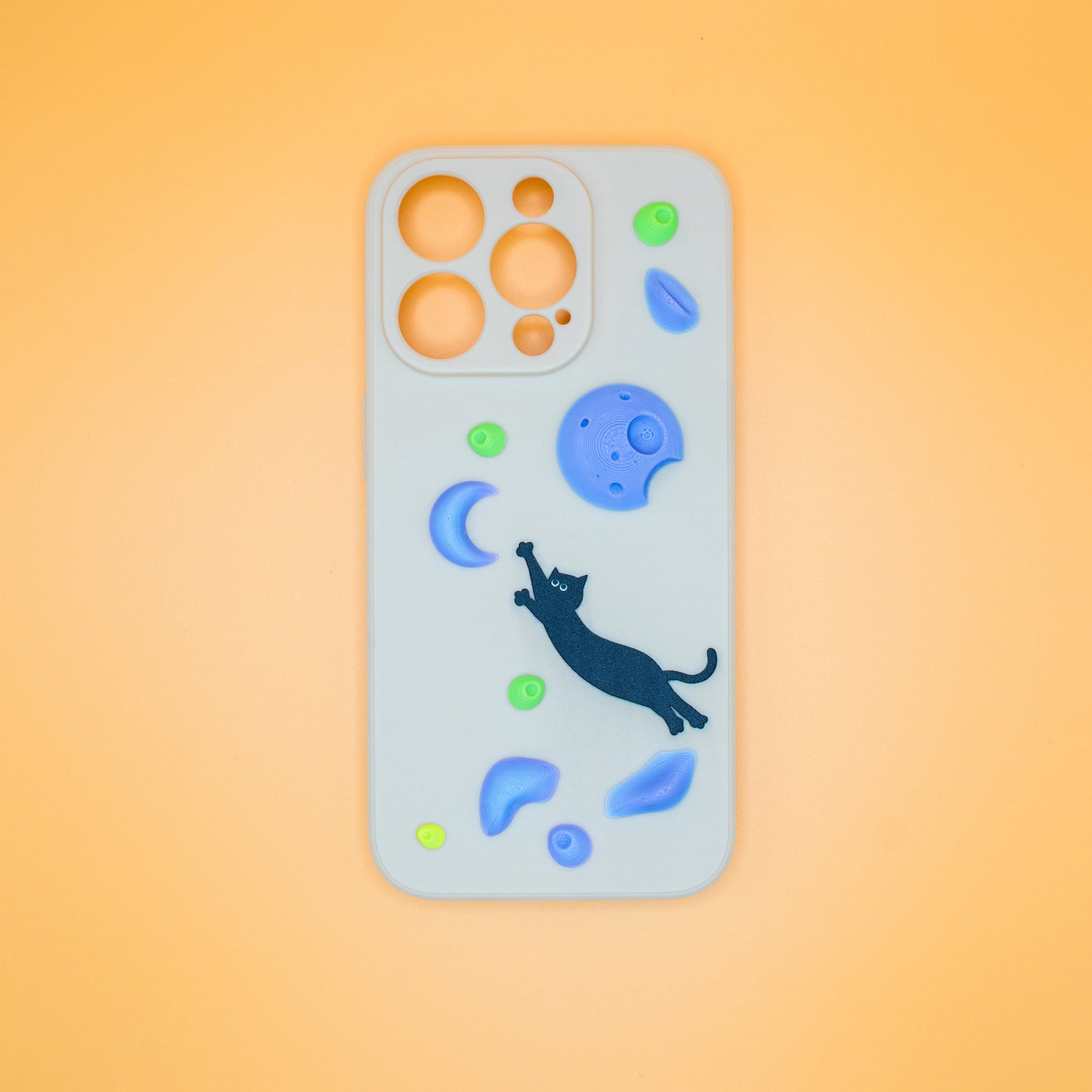 A black cat mid-dyno toward colorful climbing holds – printed on a fun and bold iPhone case. A great gift for climbers and cat lovers.
