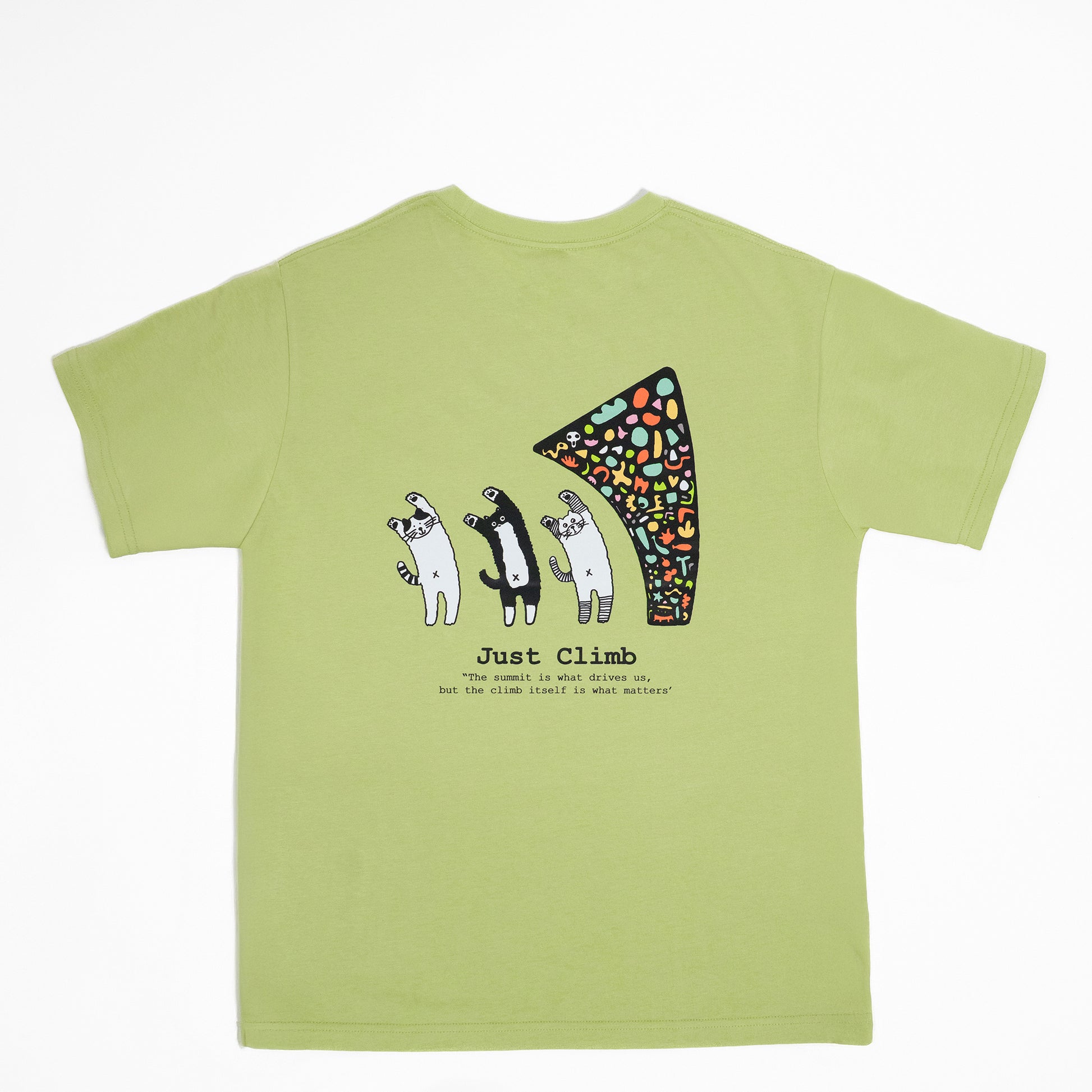 “Just Climb” graphic T-shirt featuring a cute cat and climbing elements – a fun and bold gift for rock climbers.