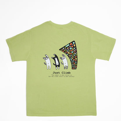 “Just Climb” graphic T-shirt featuring a cute cat and climbing elements – a fun and bold gift for rock climbers.