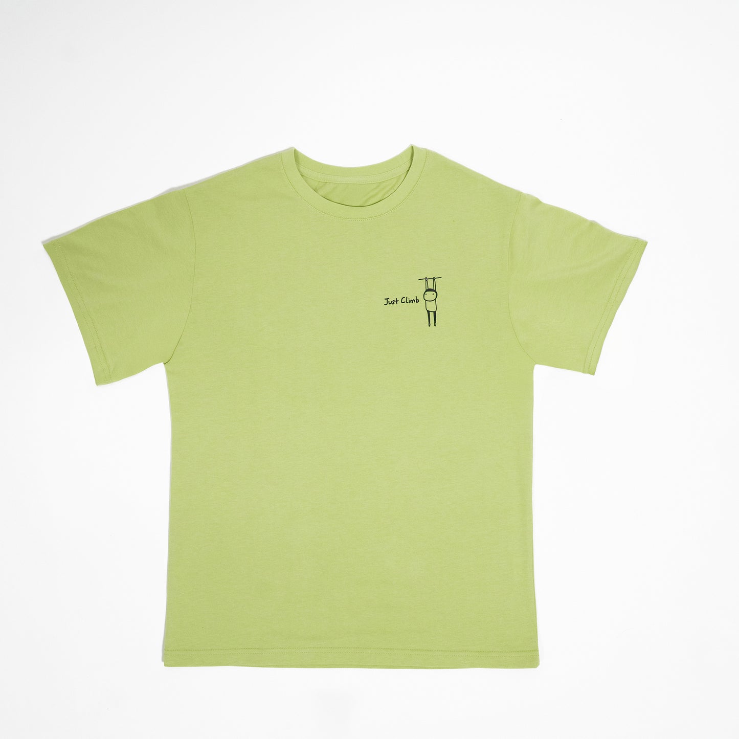 “Just Climb” graphic T-shirt featuring a cute cat and climbing elements – a fun and bold gift for rock climbers.