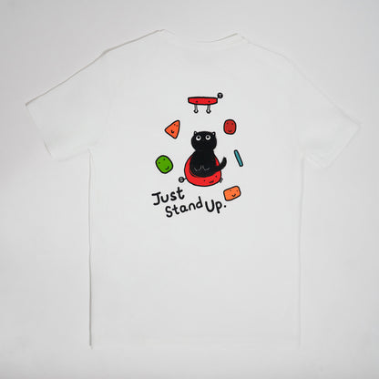Black cat on a slab with the words “Just Stand Up” – perfect gift for climbers who’d rather smear than dyno.