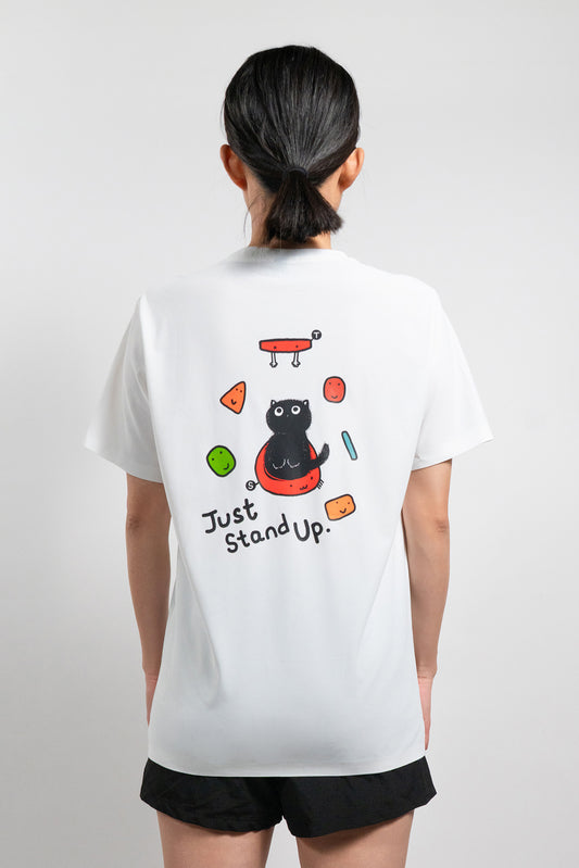 Black cat on a slab with the words “Just Stand Up” – perfect gift for climbers who’d rather smear than dyno.